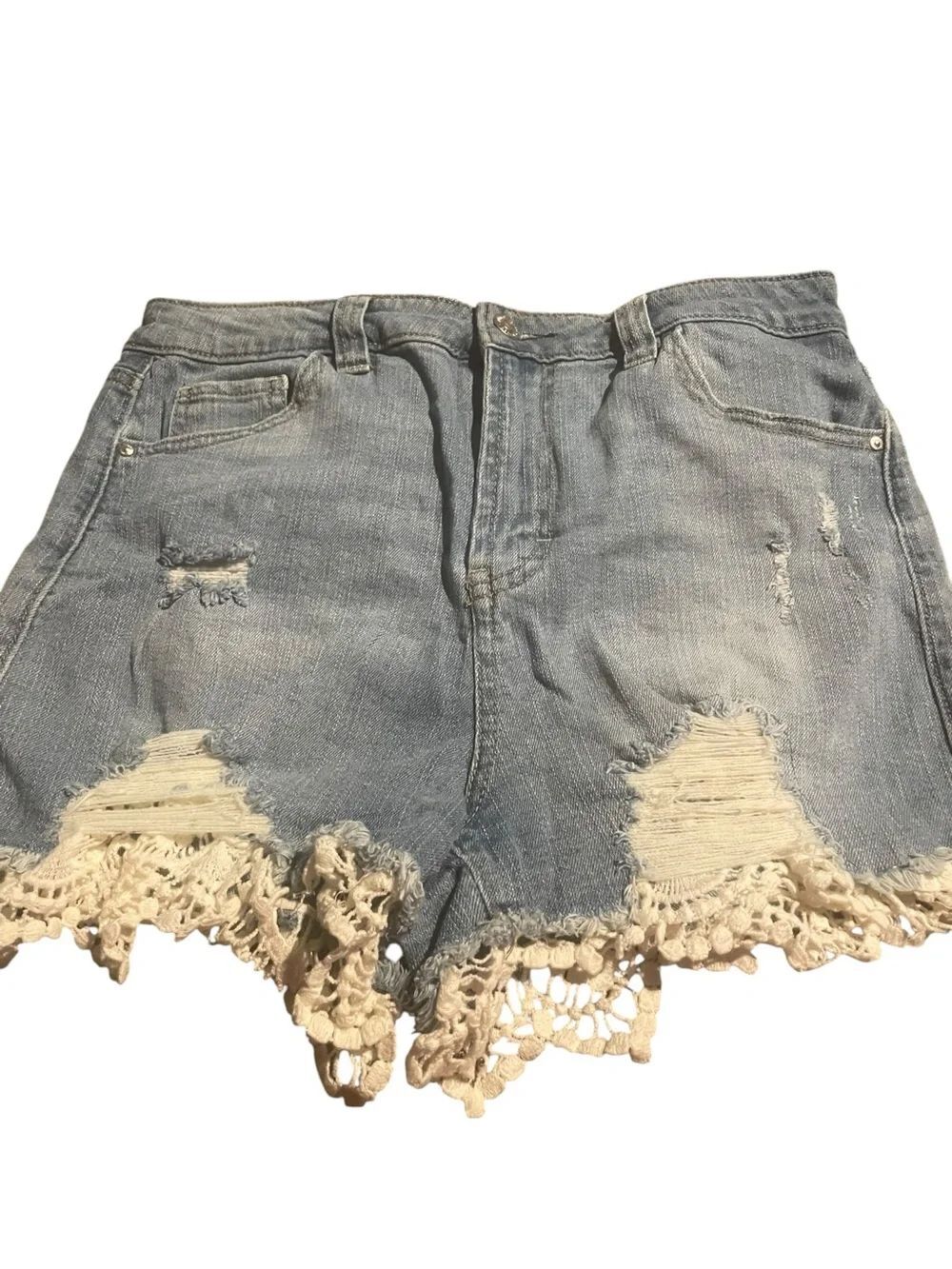 Almost Famous size 9 Denim Crochet Trim High-Waist Women’s Shorts - Light Blue